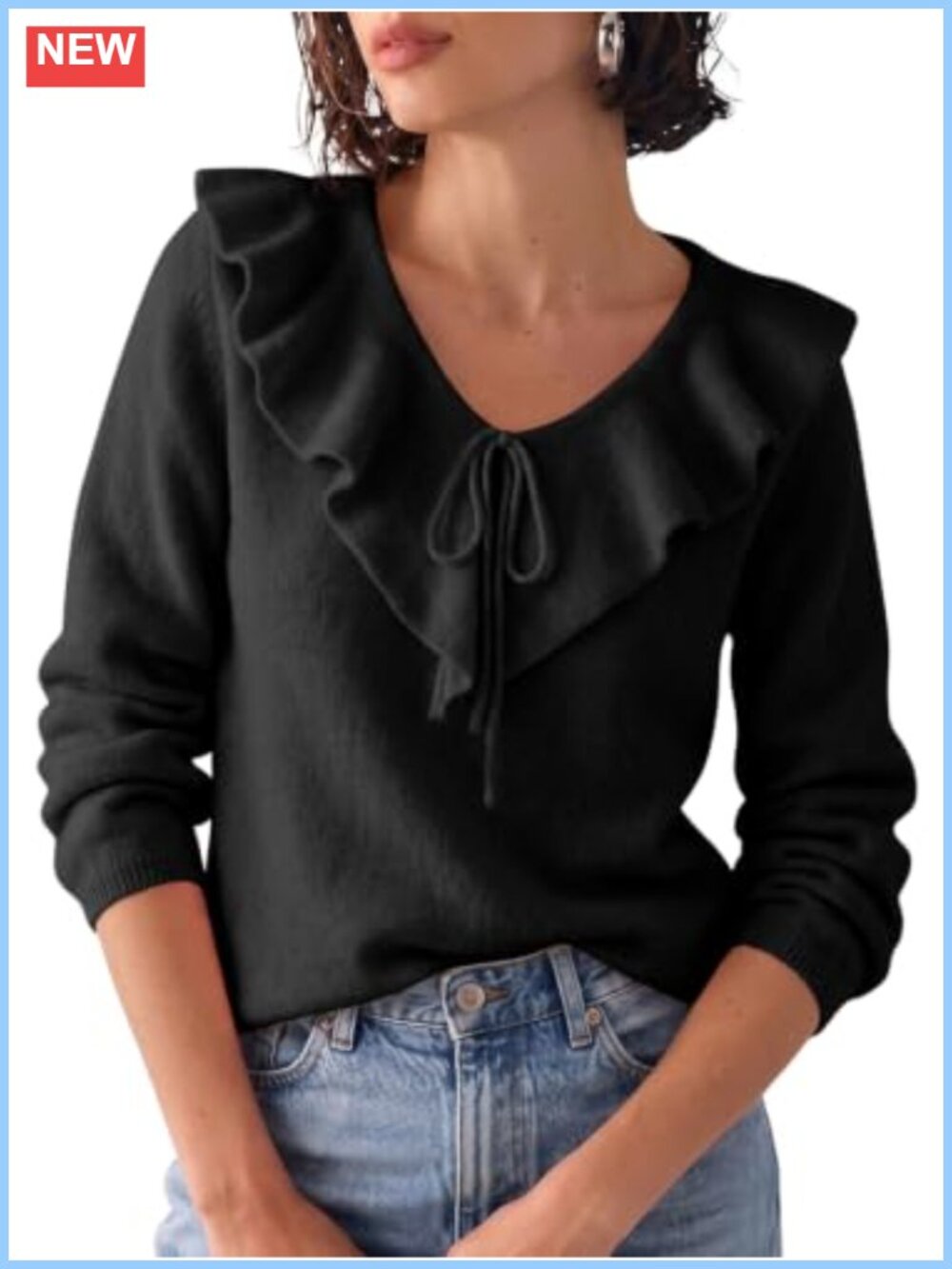 Ruffle V-Neck Knit Sweater Tie-Front Pullover Casual Fall Top